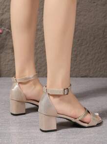 Low Heel Sandals Girl Round Toe Woven Heeled Sandals Spring/Summer New Gorgeous Strap Buckle Closed Toe Versatile Sandals - Gold - View 2