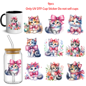 9pcs UV DTF Bowknot Cat Series Design Flat Flower Series Stickers For 16oz Glass Cups Waterproof Stickers Libbey Thermal Transfer Stickers Stainless Steel Roller Vinyl Transfer Stickers Colorful Design Decals, UV DTF, Suitable For Mugs, Refrigerators, Tumblers, Coffee Cups And Any Flat Objects, Waterproof DIY Decoration (Cups Not Included)