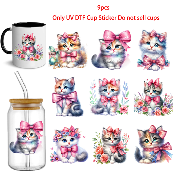 9 pezzi di adesivi decorativi per bicchieri di vetro da 16 once, serie di fiori piatti e serie di gatti con fiocco in UV DTF, trasferibili termicamente, resistenti all'acqua, adatti per tazze, frigoriferi, bicchieri, tazze da caffè e qualsiasi oggetto piatto, decorazione fai da te resistente all'acqua (bicchieri non inclusi)