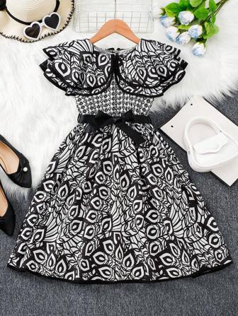 女童时尚休闲拼色多图案连衣裙，春夏