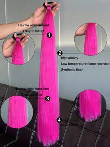 Synthetic Colorful Ponytail Extension 2Pcs Long Straight DIY Braided Pony Tail Hairpiece With Rubber Band Kids Hair Accessories - Hot Pink - View 4