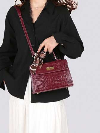 New Women Glossy Crocodile Print Handbag, Large Capacity, Fashion Elegant High-Grade Scarf Matching Crossbody Messenger Bag, Wine Red, Best Mother's Day Gifts Women, Animal Print Women Bag, Business Casual Woman Bag Perfect For Office Business And Work , Mum Gifts