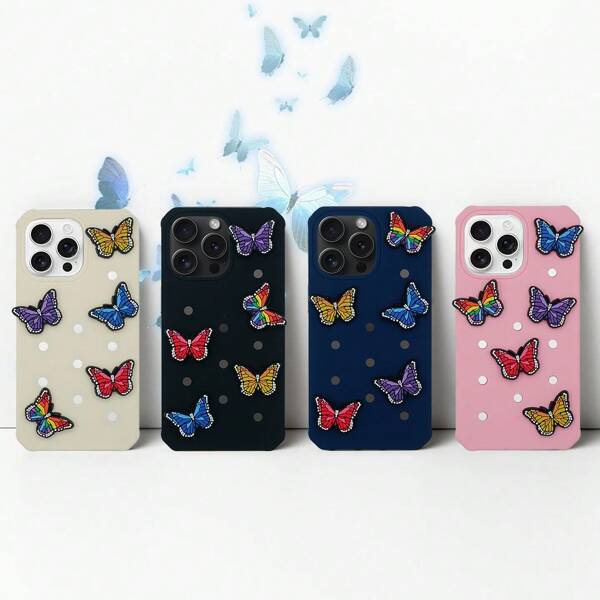 Pelly Piggy غطاء هاتف مطاطي مقاوم للصدمات مع تصميم كامل للثقوب و 5 سحرات على شكل فراشة (بنفسجي/أصفر/أزرق/أحمر/متعدد الألوان) - إكسسوار ملائم مع هاتف آيفون