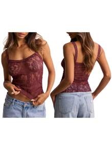 Women Camisoles Sleeveless Lace See-Through Casual Tank Tops Summer Casual Tops Streetwear - 酒紅色 - 查看 5