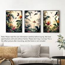3 pièces/set Peinture de paysage de forêt tropicale imprimée sur canevas enveloppée sans cadre, set de décoration, style de peinture sur canevas moderne et déco art classique pour maison, bureau, salle de bain, salon, chambre, salle à manger - Paysage encré avec motifs de feuillage pour le printemps/été, utilisation intérieure et extérieure, thème art déco, affiches, décoration murale, accessoires de décoration moderne, botanique, animaux