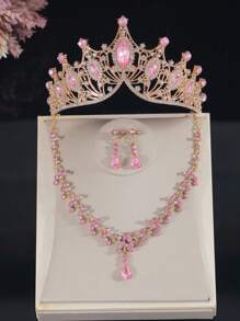 4 件套青少年首饰套装、公主项链套装、皇冠项链套装、水晶级花童派对头饰、奢华皇冠项链礼盒、适合节日、庆典、活动的婚礼配饰 - 粉色 - 查看 9
