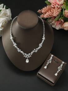 3pcs/Set Elegant Bridal Women's Fashion Crystal Necklace Set, Sexy Jewelry Set, Suitable For Banquet, Ball, Party - Red 80866703 - View 4