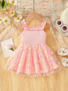 Baby Girl Cute Daisy Pattern Mesh Ruffle Hem Strap Patchwork Daisy Trim Mesh Dress, Summer - Pink - View 2