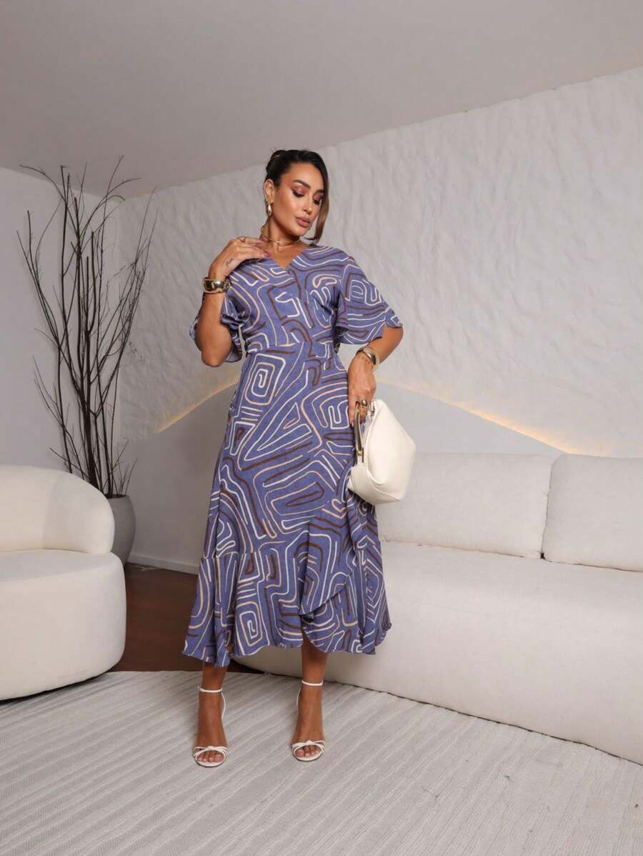 Printed Wrap Dress With Tie - Navy Blue - View 1