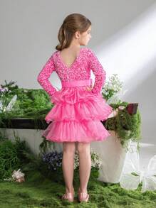 Tween Girls Sequin Trim Layered Hem Cake Party Dress With Long Sleeve - Pink - View 3