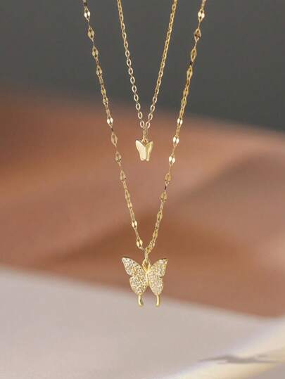 1pc Double Layer Gold Butterfly Necklace With Rhinestones, Alloy Material, Perfect Gift For Her