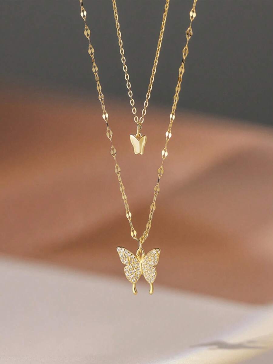 1pc Double Layer Gold Butterfly Necklace With Rhinestones, Alloy Material, Perfect Gift For Her - Gold - View 1