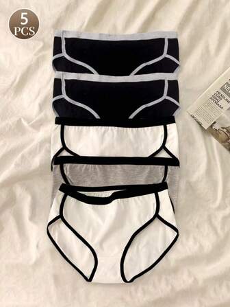 5pcs Women's Cotton Panties, Sexy Solid Color Briefs, Comfortable Mid-Waist Underwear, Ladies Sports Panties