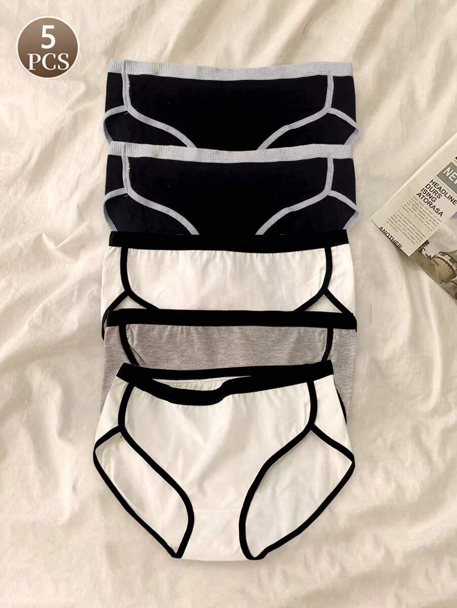 5条装女士纯棉内裤，性感纯色三角裤，舒适中腰内裤，女士运动内裤 - 彩色 - 查看 1