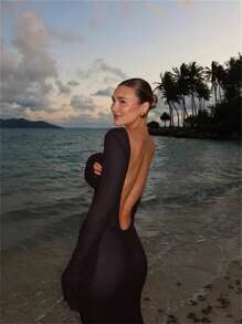 Women Crochet Knitted Long Sleeve Maxi Dress Sheer See Through Backless Swimsuit Bikini Cover Up Beach Swimwear Party Dress