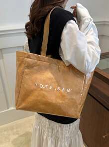 Retro Kraft Paper Bag PVC Large Capacity Ladies Handbag Handbag Light Shoulder Shopping Bag With Long Shoulder Strap. - Brown - View 3