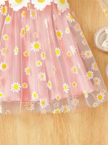 Baby Girl Cute Daisy Pattern Mesh Ruffle Hem Strap Patchwork Daisy Trim Mesh Dress, Summer - Pink - View 6