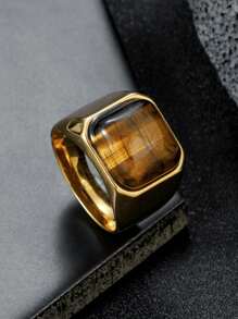 1pc Tiger Eye Stone Ring, Stainless Steel Thick Band Ring, Natural Gemstone, Fashionable & Cool, Suitable For Men & Women, Summer Accessory, Father's Day/Friend's Gift, Couple Ring - Yellow Gold - View 4