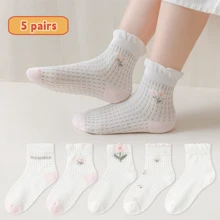 5 Pairs Breathable Mesh Floral Print Cute Princess Style Girls Socks, Soft & Comfortable Casual Versatile - Multicolor - View 1