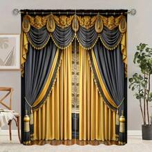 2pcs European Style Elegant Patchwork Pattern Home Textile Digital Printed Curtains, Designed For Easy Hanging, Providing Privacy, Suitable For Bedroom, Living Room, Kitchen, Study, Dining Room, Gaming Room, Essential Home Decor