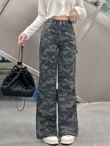 Retro High Waist Camouflage Design Loose Fit Jeans, Random Cut