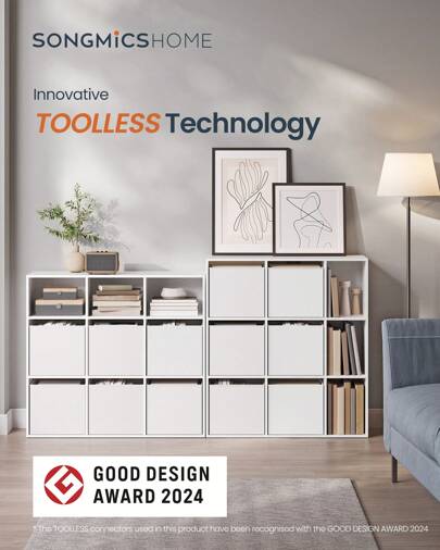 SONGMICS HOME Superfast Toolless Assembly, Bookshelf, Cube Storage, Cube Bookcase Unit, 9 Compartments, 6 Fabric Drawers, 27 X 83 X 91.8 Cm