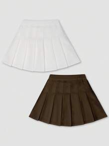 2pcs/Set Tween Girl Collegiate Style White & Brown Pleated Skirt Set - Multicolor - View 2