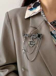 1 件哥特式复古小众时尚黑色宝石水钻星形流苏链胸针，西装装饰配件 - 彩色 - 查看 4