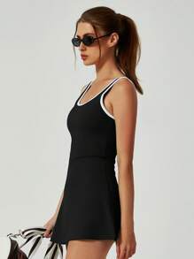 MASKERT 女士网球裙、高尔夫裙、两件套连衣裙、瑜伽裙、弹力健身通勤裙，舒适亲肤，春夏款 - 黑色 - 查看 5