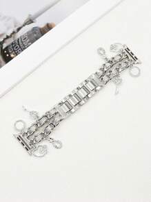 1PC Silver Sparkling Leather Chain Watch Bands With Love Pendant Zinc Alloy Straps 38/40/41/42mm 42/44/45/46/49mm Compatible With Apple Watch Ultra 2/SE/10/9/8/7/6/5/4/3/2/1