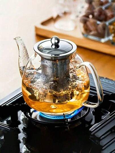 1 件耐热玻璃茶壶，带过滤器和彩色玻璃手柄，非常适合冲泡茶、咖啡或制作水果茶，适合所有季节和场合，可直接在明火上加热