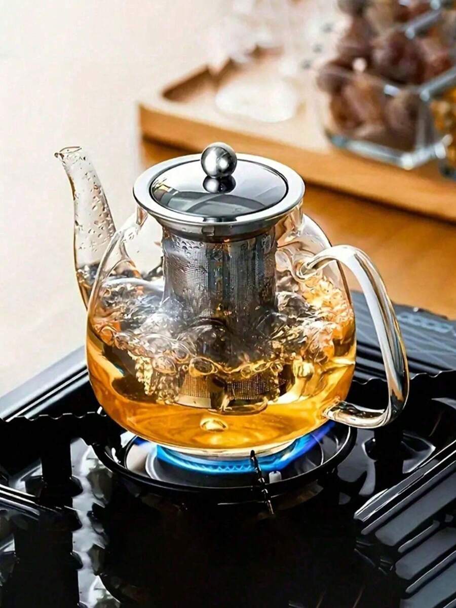 1 pieza Tetera de vidrio resistente al calor con filtro y asa de vidrio de color, adecuada para preparar té, café o té de frutas, apta para todas las estaciones y ocasiones, se puede calentar directamente sobre llama abierta.