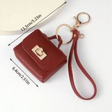 1pc Solid Color PU Leather Earphone Holder Bag With Heart Shaped Mirror Women's Makeup Keychains. Heart Shaped Mirror Decorated Headphone Holder Bag, Multicolor Women's Makeup Bag, Heart & Bag Charm Fashion Keychain Pendant - Pink - View 4