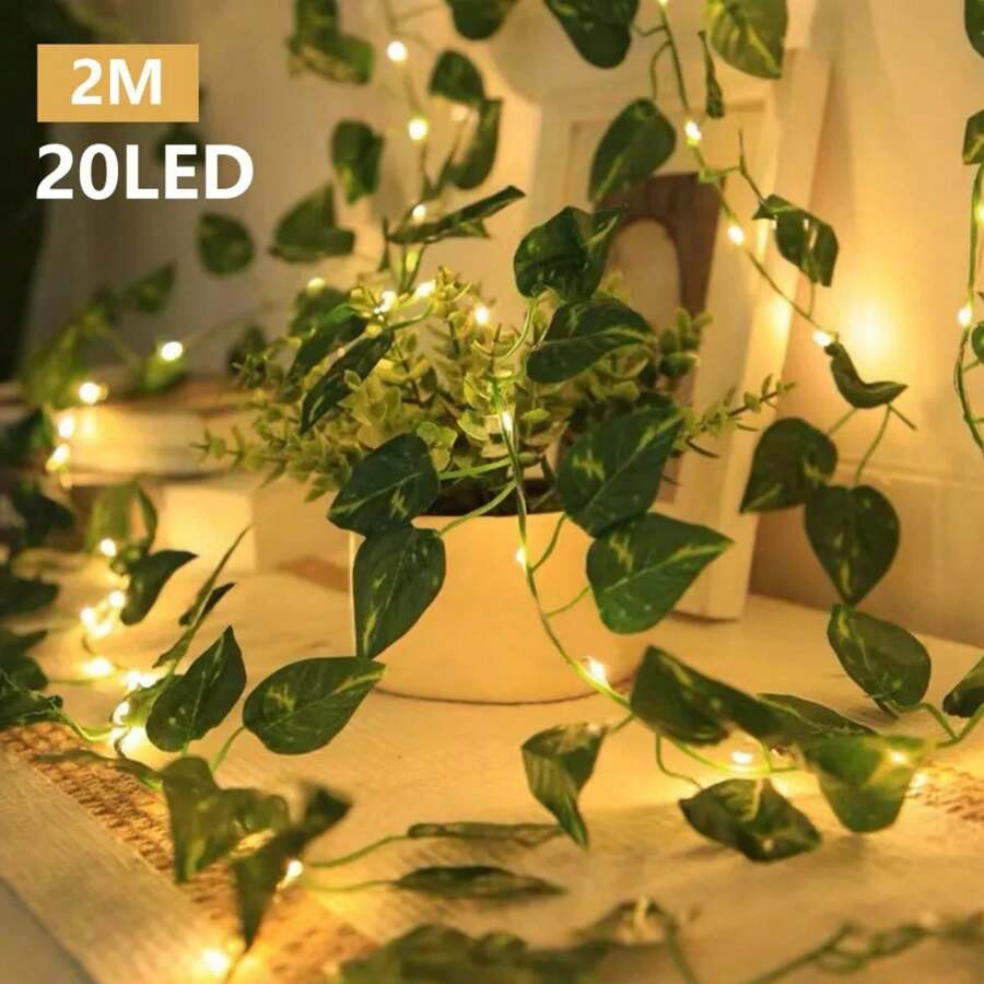1 pieza Luces de cadena de 2m/6.56ft con 20 LED de hojas verdes, guirnalda de flores artificiales, lámpara decorativa a pilas para hogar, dormitorio, cumpleaños, boda, fiesta, jardín, patio, pasillo, ventanas