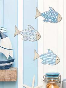 3 pezzi, decorazione da parete in legno a forma di pesce, tema nautico marittimo, scultura decorativa in legno a forma di pesce da appendere, per arredamento di case al lago o in riva al mare, decorazioni vintage per casa, bagno, camera da letto