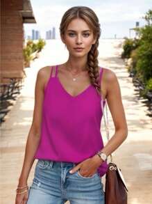 Blusa Basica Holgada con Tirantes Cruzados en la Espalda y Escote en V para Mujer - Rosa Fucsia - Ver 3