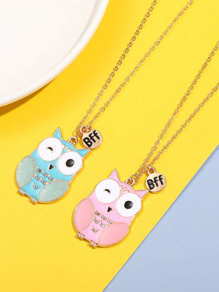 Bộ 2 dây chuyền BFF hình cú hoạt hình dành cho bé gái, dây chuyền đôi bạn thân dễ thương, quà tặng cho chị gái