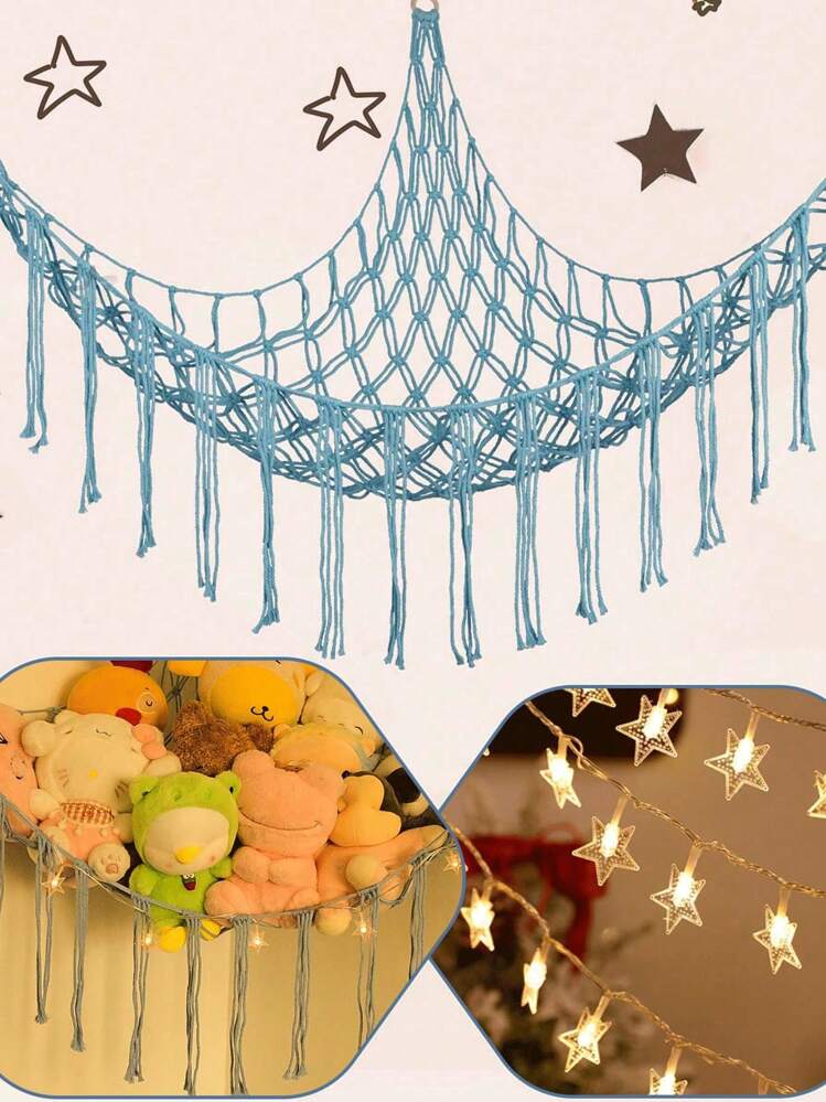 2 PIÈCES - Hamac pour jouets Macramé, support de rangement d'animaux en coin, filet de suspension, organisateur de hamac de jouet à mailles avec crochets pour chambre à coucher, filet de rangement d'animaux en peluche, filet de hamac pour animaux en peluche dans le coin, organisateur de suspension d'animaux en peluche grande taille, décoration de chambre, filet ou hamac boho pour animaux en peluche grande taille, jouets printaniers, poupées de la Saint-Valentin, nains, filet de rangement de hamac de lutin (bleu), décorations de jardin, décorations de mariage, décorations pour la maison