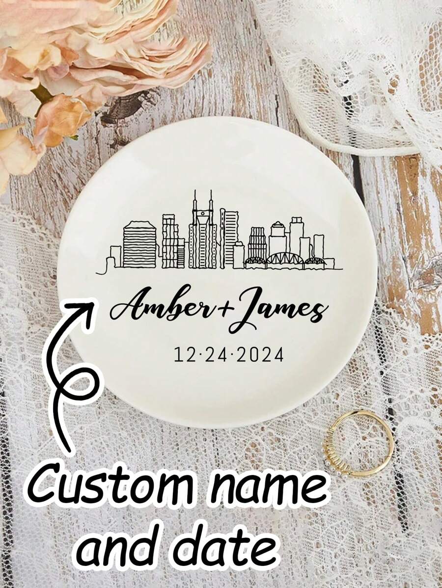 1/2/5Pcs Personalized Name Date Ceramic Ring Plates, Custom Jewelry Boxes, Customized Bride Engagement Gifts, Customizable First Marriage Ring Plates, Bride And Groom Gifts, Bride Proposal Gifts, Bride Showers, Anniversary Gifts, Personalized Ring Plates