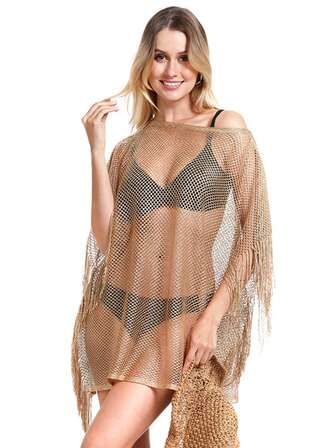 Women's Solid Color Cover-Up Cover Up With Tassel Trim, Suitable For Beach Holiday