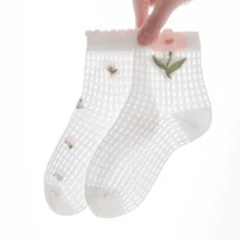 5 Pairs Breathable Mesh Floral Print Cute Princess Style Girls Socks, Soft & Comfortable Casual Versatile - Multicolor - View 4