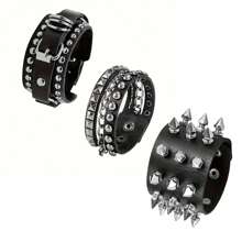 QYDCX 3Pcs/Set Unisex Black Metal Spike Studded Punk Rock Biker Wide Strap Leather Bracelet, Gothic Rivet Buckle Wristband - Bracelet Three Piece Set - View 11