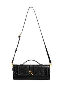 Burgundy Wine Red Bag, Cherry Red Envelope, Burgundy Envelope, High-End New Handbag, European & American Fashion Crocodile Leather Flap Handbag, Accordion Bag, Evening Bag, Shoulder Bag, Crossbody Bag - Black - View 7