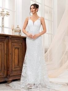 Vestido de novia largo estilo sirena sin mangas con detalles de tul transparente para mujer, vestido de novia, novia