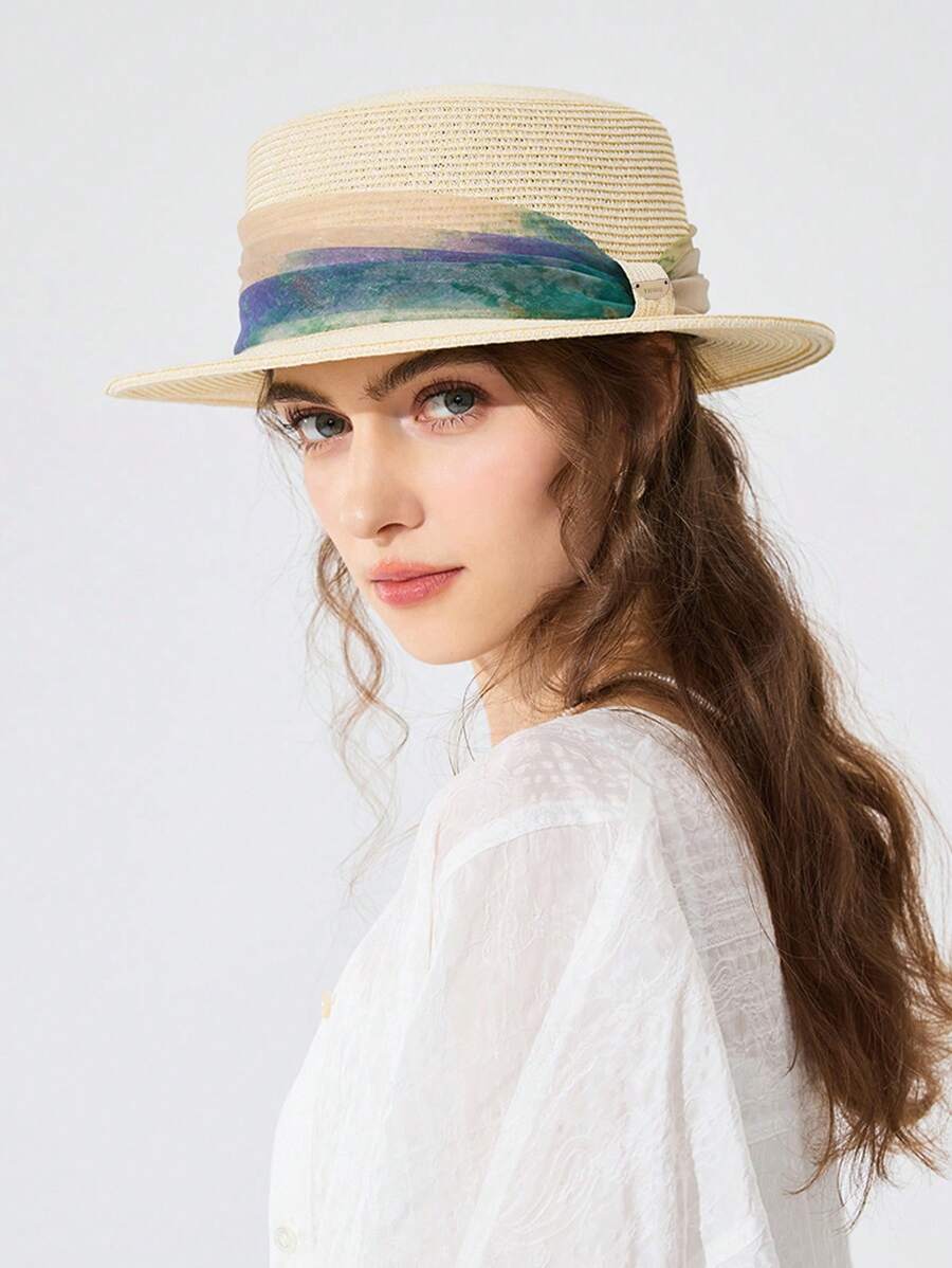 1pc Women's Summer Straw Hat, Casual Cute Flat Top Grass Woven Hat, Spring/Summer New Style Mesh Sun Hat For Beach, Vacation, Daily Wear - A - View 1