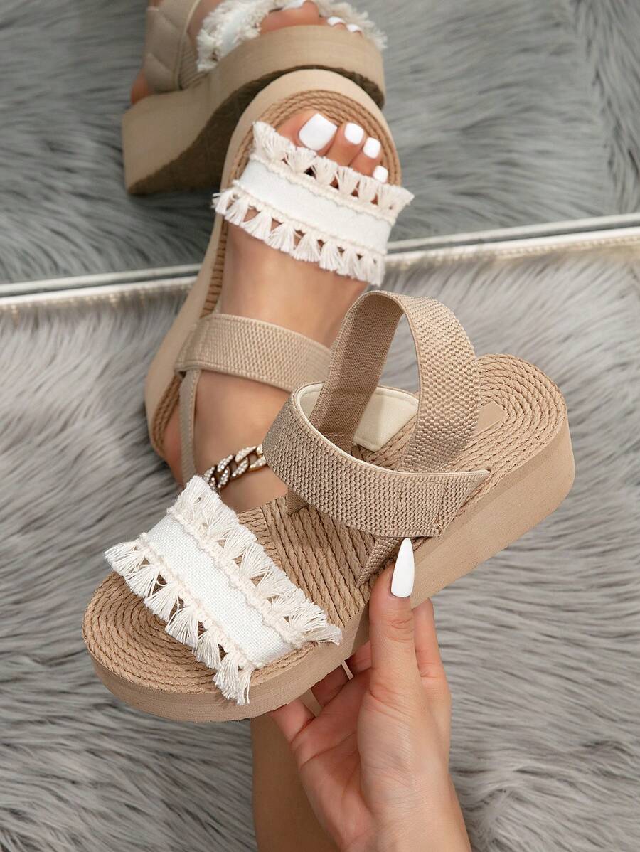 Giày sandal đế xuồng cho nữ, Giày sandal đế xuồng cho nữ, Dép lê cho nữ, Giày sandal lạc đà, Giày sandal cao gót, Giày lười buộc dây có dây thun, Giày lười mũi hở đi biển, Giày sandal nâu tối giản, Giày sandal màu kaki - Lạc đà - Xem 1