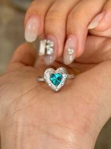 3pcs Set (Can Be Sold Separately) Luxury Vintage Elegant Paraiba Tourmaline Style Heart Shaped Ring, Necklace, Earrings With Zirconia Stone, Women Jewelry Suit, Suitable For Daily, Wedding, Party, Gift