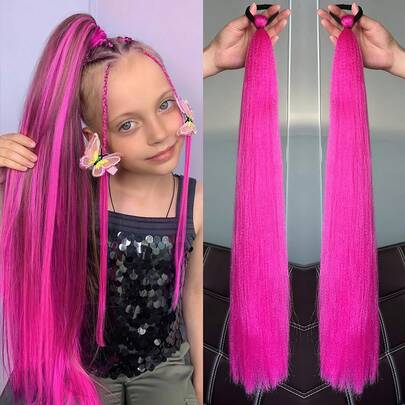 Synthetic Colorful Ponytail Extension 2Pcs Long Straight DIY Braided Pony Tail Hairpiece With Rubber Band Kids Hair Accessories