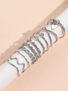 10pcs Gold Heart Shape Crystal Asymmetrical Rings Set For Women - Silver - View 2
