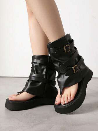 Women's Thick Sole Gladiator Sandals, Chunky Heel, Versatile To Pair With Dress, Jeans, Summer Roman Style Sandals, Toe Ring Design